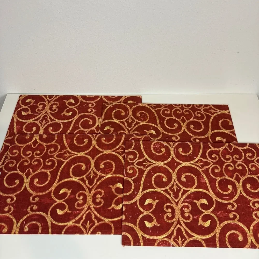 4 Red Yellow Scroll Pattern Fabric Placemats